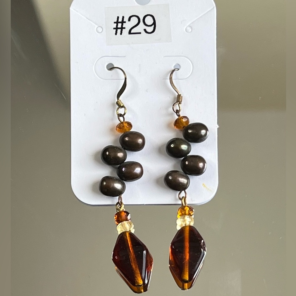 🌟 Brown Beaded & Amber Glass Drop Earrings 🤎🧡